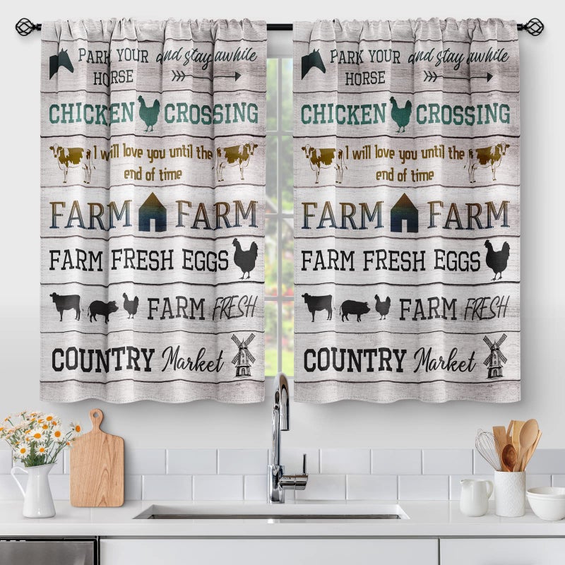 Farmhouse Country Kitchen Curtains  Vintage Chicken  Rooster Rustic Style Tier Curtains  36 Inch Length 2 Panels