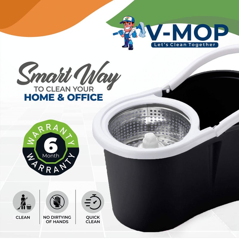 V-MOP VMop Premium Classic Black Magic Dry Bucket Mop 360 Degree Self Spin Wringing with 2 Super Absorbers for Home Office Floor Mop Set 6 6 Months Warranty on Rod Set - Image 2