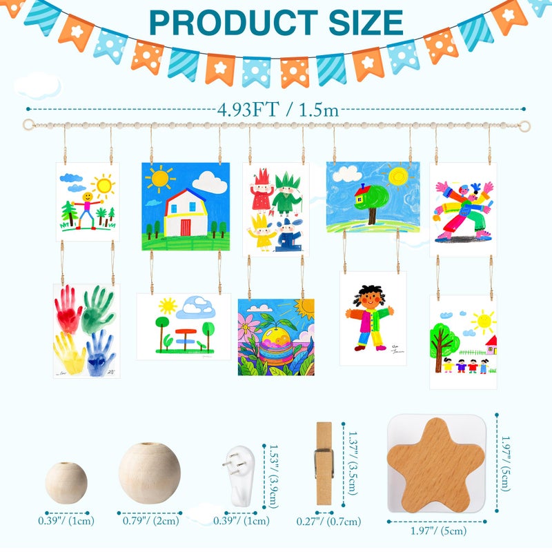 KOLLIEE Kids Artwork Display Art Wall Decor 4.93ft Boho Wooden Beaded Garland Collage Holder with Hanging Rings Wooden Stars Hook 40 Wood Clips for Kids Artwork Photo Room Bedroom Decor - Image 5