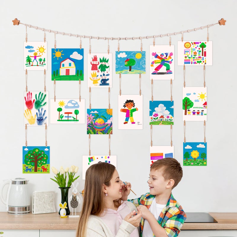 KOLLIEE Kids Artwork Display Art Wall Decor 4.93ft Boho Wooden Beaded Garland Collage Holder with Hanging Rings Wooden Stars Hook 40 Wood Clips for Kids Artwork Photo Room Bedroom Decor - Image 3