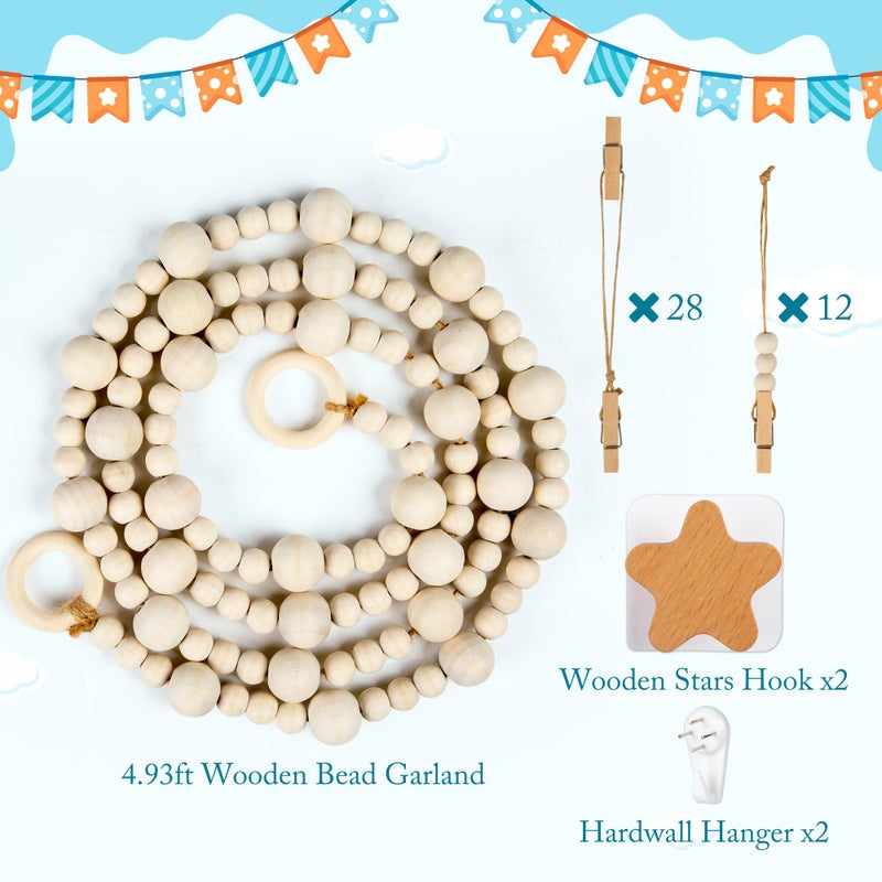 KOLLIEE Kids Artwork Display Art Wall Decor 4.93ft Boho Wooden Beaded Garland Collage Holder with Hanging Rings Wooden Stars Hook 40 Wood Clips for Kids Artwork Photo Room Bedroom Decor - Image 4