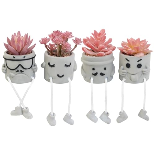LUZOGA Set of 4 Small Artificial Succulents Potted Plants Faux Succulents Desk Decoration Fake Plants Wall Decor for Girls Gift Bathroom Artificialplant Ornament Home Office Bookshelf DecorPink