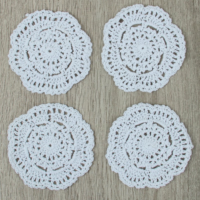 kilofly Small Crochet Cotton Lace Coasters Doilies Pack Set, 4pc, White, Round, 4 inch - Image 2