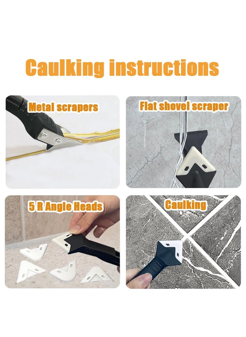 GNAFOTU - 9 PCS Silicone Caulking Tools (Stainless Steel head) 5 in 1 Sealant Finishing Tool Grout Remove Scraper with 4pc Glass Glue Angle Scraper, Caulk Remover Glass Glue Angle Scraper - Image 1