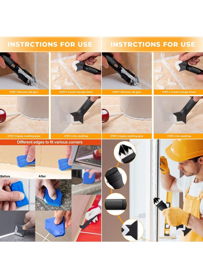 GNAFOTU - 9 PCS Silicone Caulking Tools (Stainless Steel head) 5 in 1 Sealant Finishing Tool Grout Remove Scraper with 4pc Glass Glue Angle Scraper, Caulk Remover Glass Glue Angle Scraper - Image 1