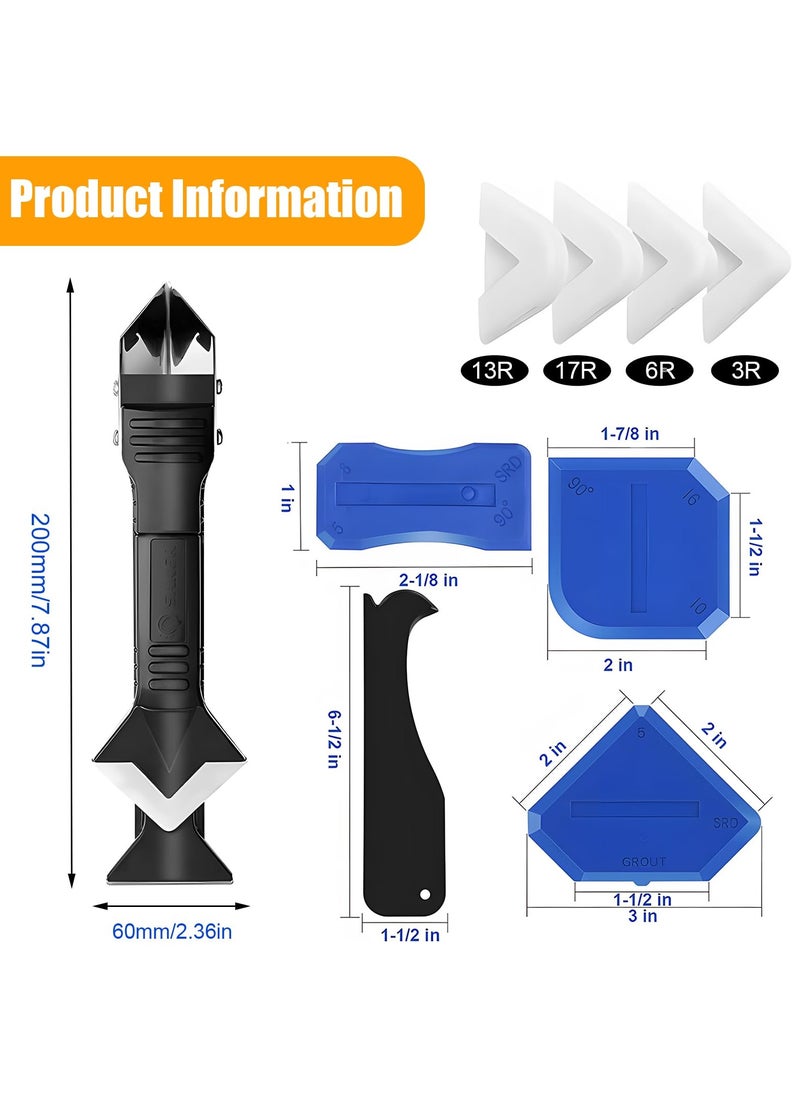 GNAFOTU - 9 PCS Silicone Caulking Tools (Stainless Steel head) 5 in 1 Sealant Finishing Tool Grout Remove Scraper with 4pc Glass Glue Angle Scraper, Caulk Remover Glass Glue Angle Scraper - Image 1