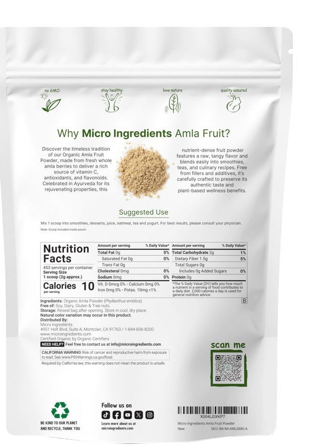 Micro Ingredients مسحوق أملّا العضوي (أمالاكي)، 1 رطل، معزز قوي لجهاز المناعة والطاقة، 100% سوبر فودز خام من الهند، غير مشع، غير ملوث، غير معدّل وراثيًا وصديق للنباتيين. - Image 2
