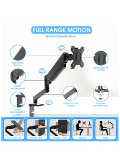ESSENTIALS 360 Computer Monitor Arm with Gas Spring Monitor Mount Desk Mount Tilt Angle for 13-32 Inch Adjustable Height Load Capacity 10kg VESA 75x75/100x100mm with Grommet And C-Clamp Mounting  - Image 2