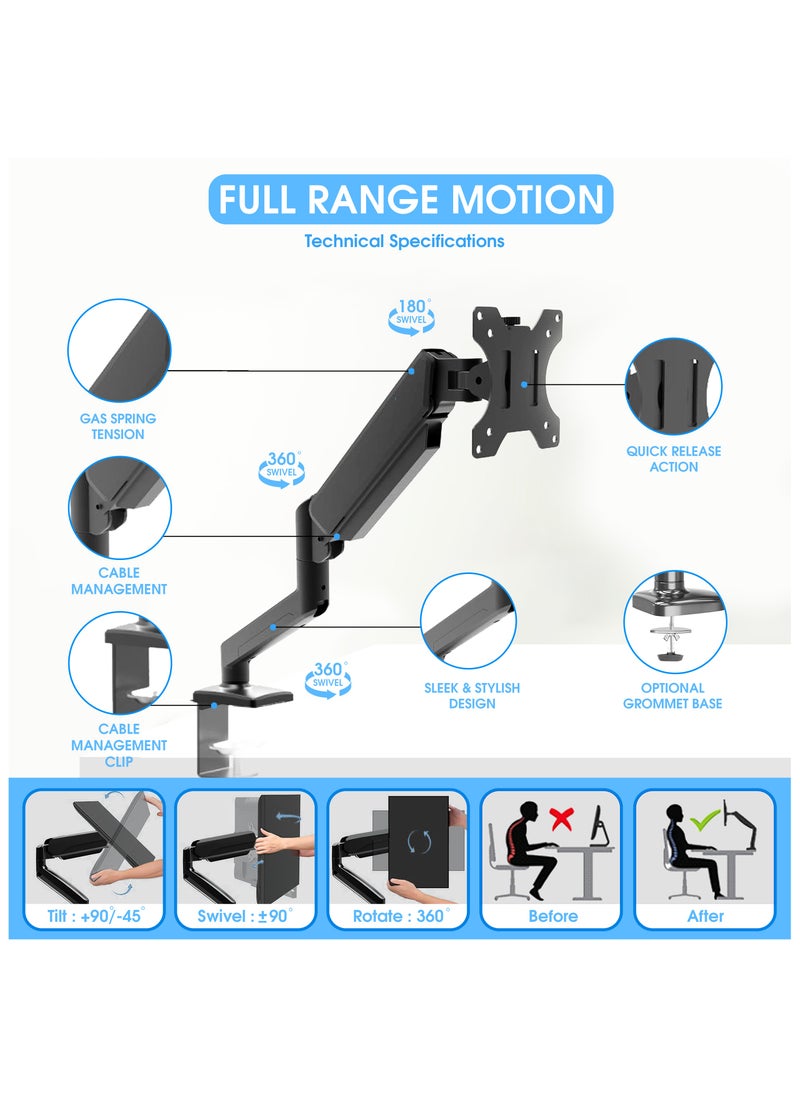 ESSENTIALS 360 - Computer Monitor Arm with Gas Spring Monitor Mount Desk Mount Tilt Angle for 13-32 Inch Adjustable Height Load Capacity 10kg VESA 75x75/100x100mm with Grommet And C-Clamp Mounting - Image 1