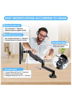 ESSENTIALS 360 Computer Monitor Arm with Gas Spring Monitor Mount Desk Mount Tilt Angle for 13-32 Inch Adjustable Height Load Capacity 10kg VESA 75x75/100x100mm with Grommet And C-Clamp Mounting  - Image 3