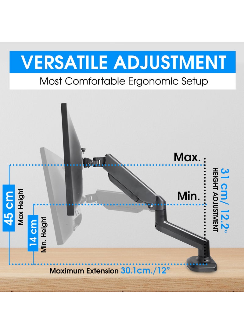 ESSENTIALS 360 - Computer Monitor Arm with Gas Spring Monitor Mount Desk Mount Tilt Angle for 13-32 Inch Adjustable Height Load Capacity 10kg VESA 75x75/100x100mm with Grommet And C-Clamp Mounting - Image 1