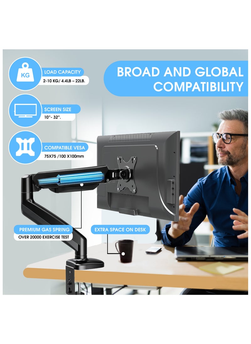 ESSENTIALS 360 - Computer Monitor Arm with Gas Spring Monitor Mount Desk Mount Tilt Angle for 13-32 Inch Adjustable Height Load Capacity 10kg VESA 75x75/100x100mm with Grommet And C-Clamp Mounting - Image 1