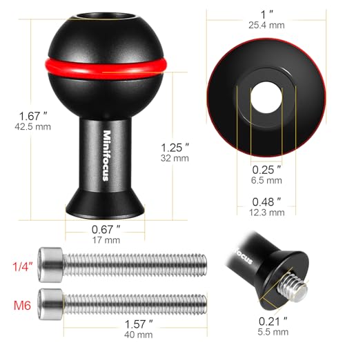 MINIFOCUS 1" Ball Adapter with M6 & 1/4" Threaded Stud, Aluminum Alloy Fixed Ballhead Mount Adapter for Action Camera & Camcorder Compatible Underwater Tray Bracket Flashlight System - Image 3