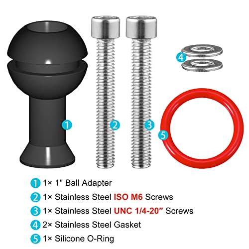 MINIFOCUS 1" Ball Adapter with M6 & 1/4" Threaded Stud, Aluminum Alloy Fixed Ballhead Mount Adapter for Action Camera & Camcorder Compatible Underwater Tray Bracket Flashlight System - Image 5