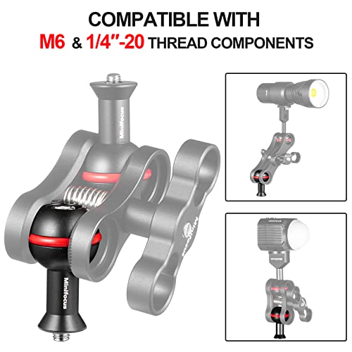 MINIFOCUS 1" Ball Adapter with M6 & 1/4" Threaded Stud, Aluminum Alloy Fixed Ballhead Mount Adapter for Action Camera & Camcorder Compatible Underwater Tray Bracket Flashlight System - Image 2