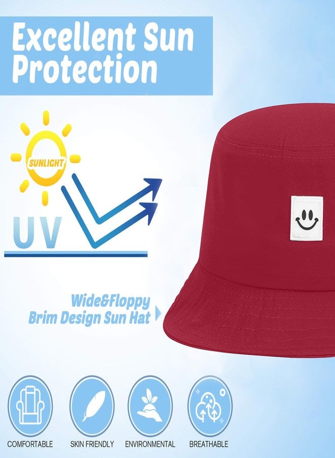 AJG Kids Sun Hat Smile Face Bucket Hat for Girls Boys Summer Sun Protection Cotton Unisex Beach Cap Wine Red - Image 2