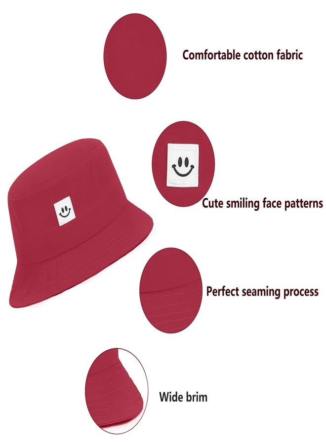 AJG Kids Sun Hat Smile Face Bucket Hat for Girls Boys Summer Sun Protection Cotton Unisex Beach Cap Wine Red - Image 4