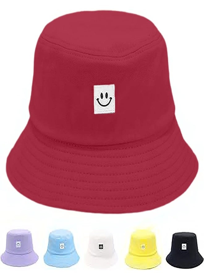 AJG Kids Sun Hat Smile Face Bucket Hat for Girls Boys Summer Sun Protection Cotton Unisex Beach Cap Wine Red - Image 1