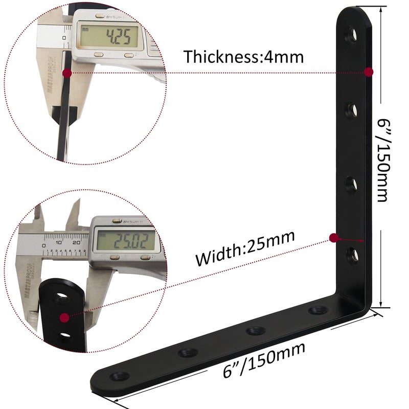 Webi L Brackets Corner Bracket 90 Degree Steel Corner Brace- 8 Packs 4 Mm Thick 6"" X 6"" Heavy Duty Shelf Brackets Right Angle Bracket For Shelf Wood Furniture Shelves Black - Image 2