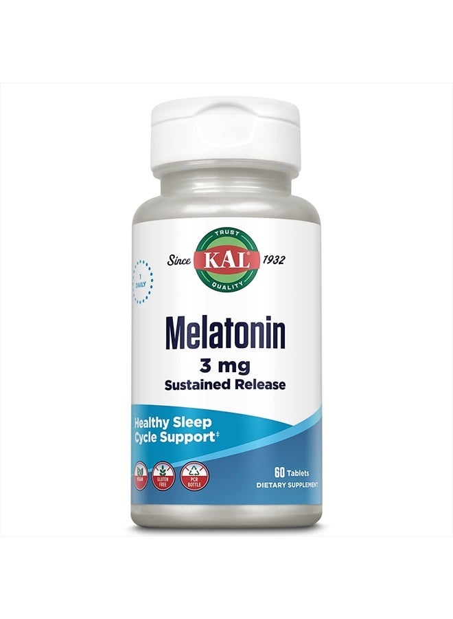 KAL Melatonin 3mg Sustained Release Sleep Aid, Melatonin Supplement Supports Healthy Relaxation, a Calm Feeling and a Proper Sleep Cycle, w/Added Vitamin B6, Vegan, Gluten Free 60 Serv, 60 Tablets - Image 1