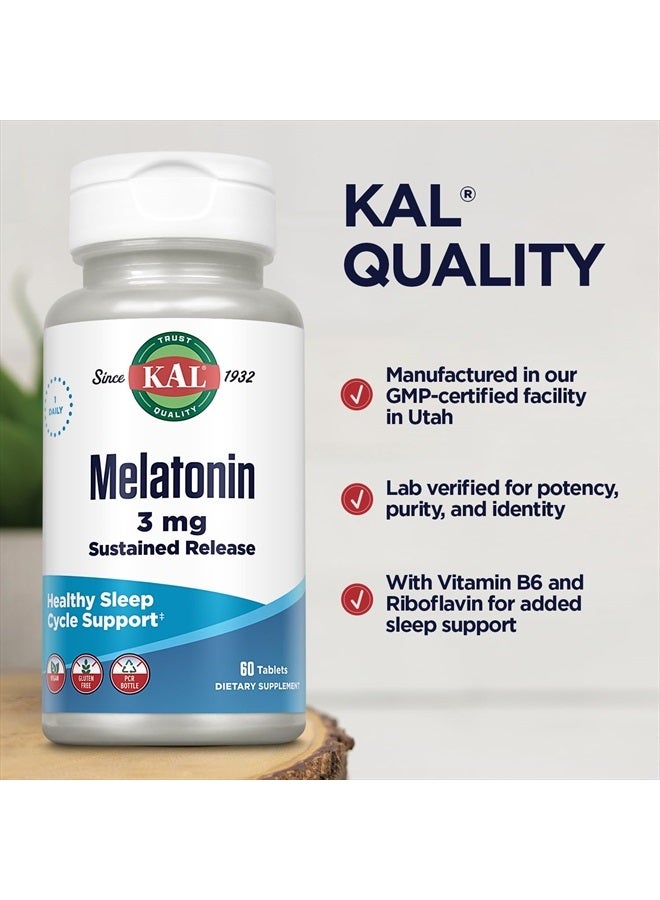 KAL Melatonin 3mg Sustained Release Sleep Aid, Melatonin Supplement Supports Healthy Relaxation, a Calm Feeling and a Proper Sleep Cycle, w/Added Vitamin B6, Vegan, Gluten Free 60 Serv, 60 Tablets - Image 5