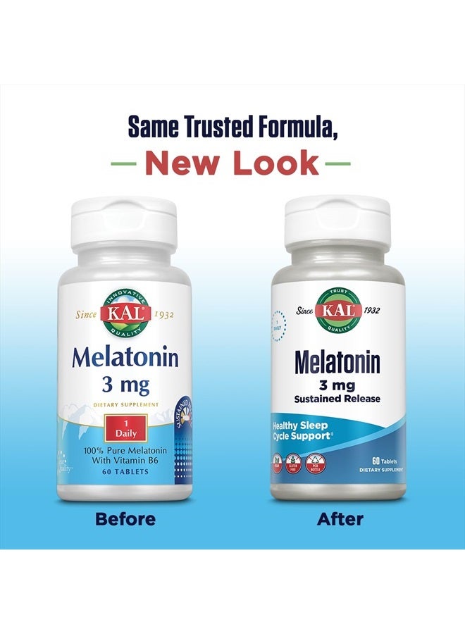 KAL Melatonin 3mg Sustained Release Sleep Aid, Melatonin Supplement Supports Healthy Relaxation, a Calm Feeling and a Proper Sleep Cycle, w/Added Vitamin B6, Vegan, Gluten Free 60 Serv, 60 Tablets - Image 2