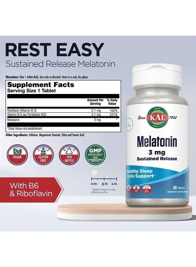 KAL Melatonin 3mg Sustained Release Sleep Aid, Melatonin Supplement Supports Healthy Relaxation, a Calm Feeling and a Proper Sleep Cycle, w/Added Vitamin B6, Vegan, Gluten Free 60 Serv, 60 Tablets - Image 3