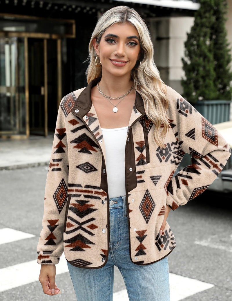 Zeagoo Womens Fleece Jacket Snap Button Down Jackets Western Aztec Print Light Coat with Pockets 2025 Fall - Image 3