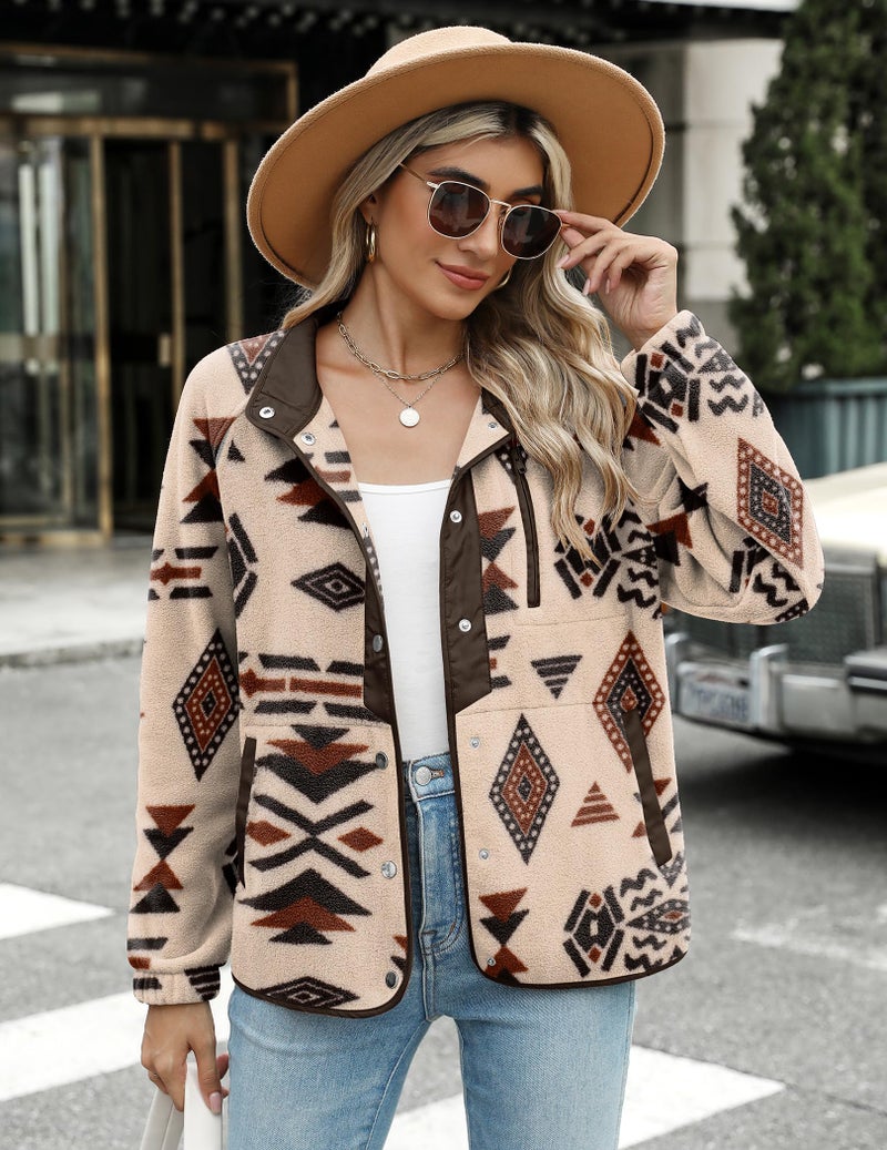 Zeagoo Womens Fleece Jacket Snap Button Down Jackets Western Aztec Print Light Coat with Pockets 2025 Fall - Image 2