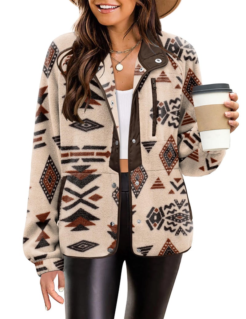 Zeagoo Womens Fleece Jacket Snap Button Down Jackets Western Aztec Print Light Coat with Pockets 2025 Fall - Image 5