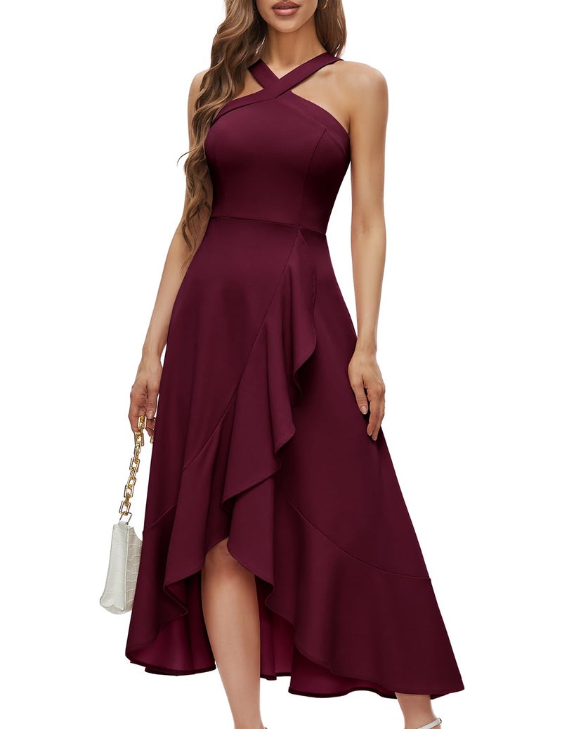 Bbonlinedress Women Halter Cocktail Dress Wedding Guest Formal Ruffled Maxi High Low Homecoming Teens Evening Prom Dress Burgundy L - Image 1