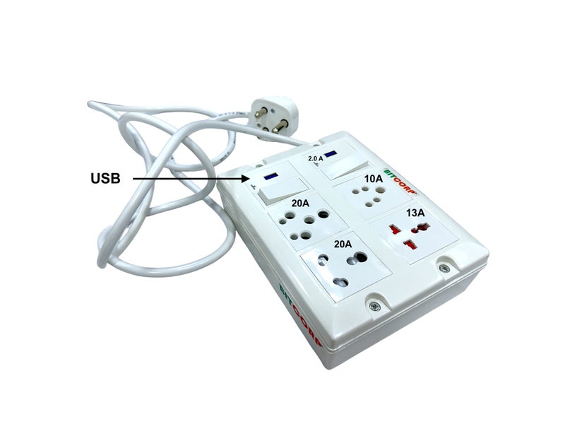 BITCORP لوحة تمديد الطاقة BITCORP 16A مع 4 مآخذ 2 مفتاح + 2 USB-A + Type-C شحن سريع، 2500W، سلك كهربائي 1.5 مم بطول 2 متر لشحن الهاتف، تيار متردد، ثلاجة، منزل - Image 2