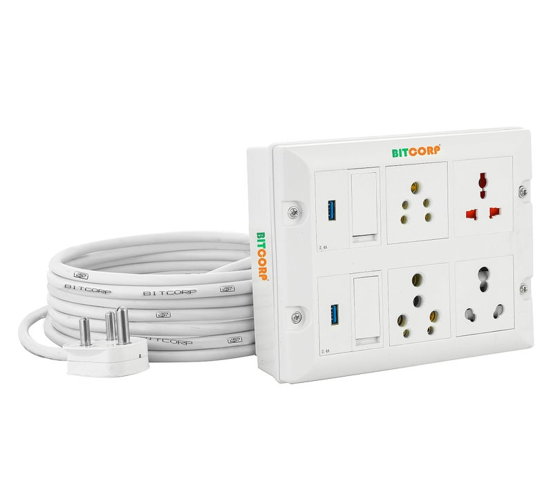 BITCORP لوحة تمديد الطاقة BITCORP 16A مع 4 مآخذ 2 مفتاح + 2 USB-A + Type-C شحن سريع، 2500W، سلك كهربائي 1.5 مم بطول 2 متر لشحن الهاتف، تيار متردد، ثلاجة، منزل - Image 1