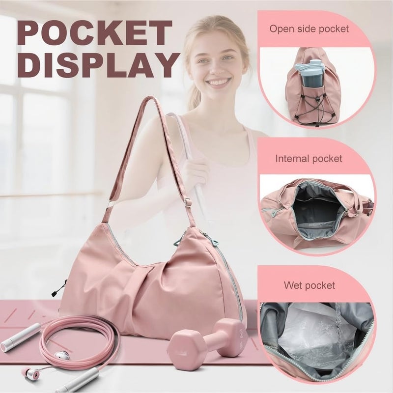 Lightweight gym bag for women: pink water-resistant nylon crossbody duffel with shoe compartment, wet pocket, and multi-compartment design for yoga, swimming, travel, and weekend overnight trips - Image 4