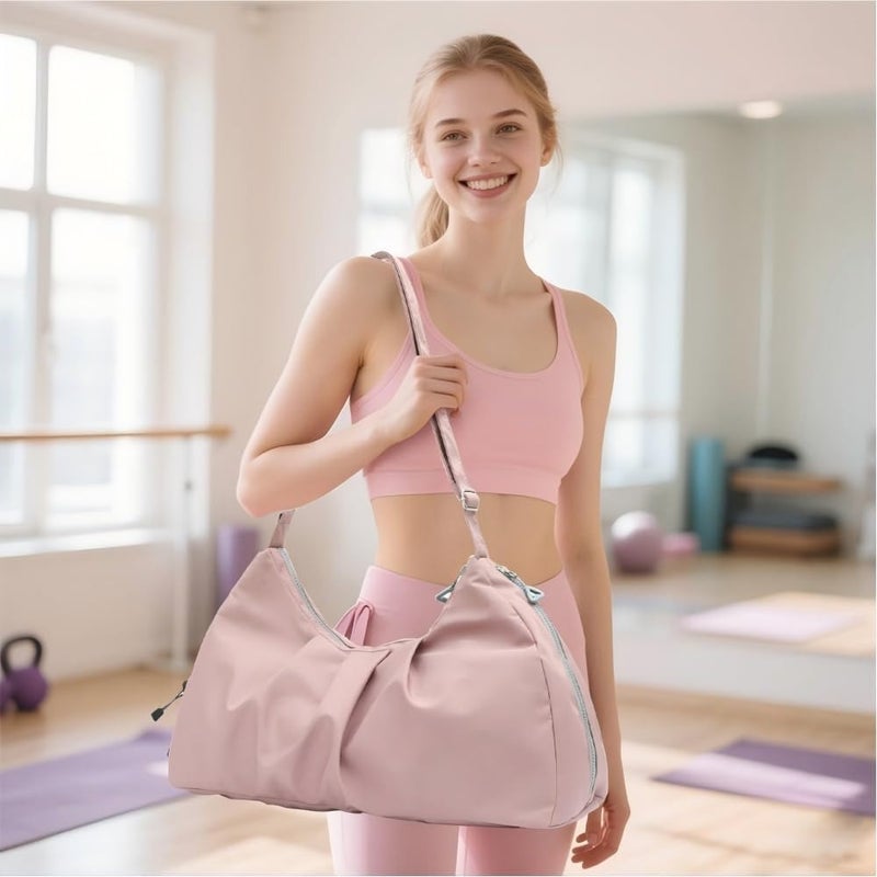 Lightweight gym bag for women: pink water-resistant nylon crossbody duffel with shoe compartment, wet pocket, and multi-compartment design for yoga, swimming, travel, and weekend overnight trips - Image 2
