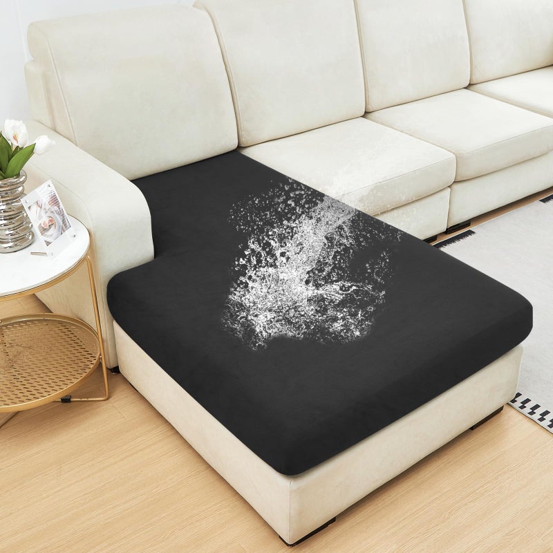 NAISI Waterproof Couch Cushion Covers Thick Velvet Fabric Washable Sofa Slipcovers 1 Piece Individual Sectional Couch Covers with Elastic Bottom1 PC for Chaise LoungeBlack