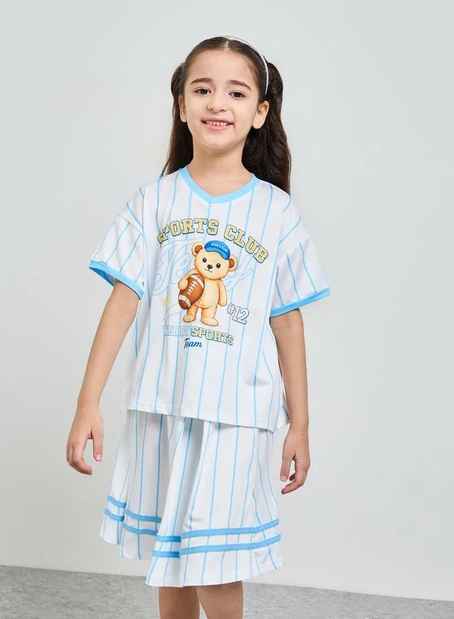 Styli Girls Graphic Bear T-Shirt and Striped Skirt Set