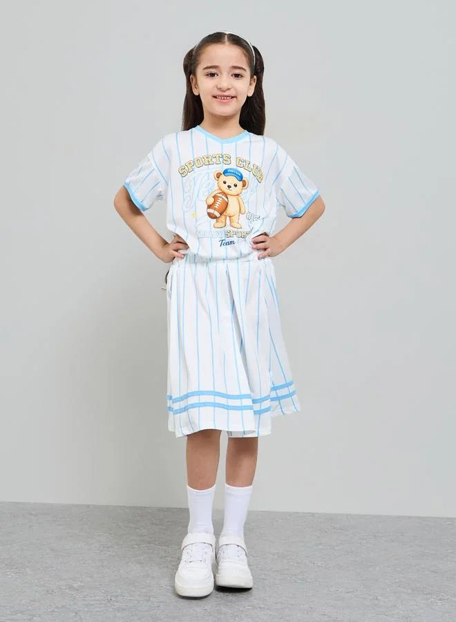 Styli Girls Graphic Bear T-Shirt and Striped Skirt Set