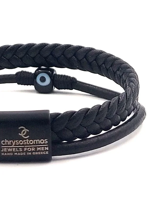 CHRYSOSTOMOS Handmade Double Leather Bracelet with Black Leather Braid, Strap and Center Evil Eye