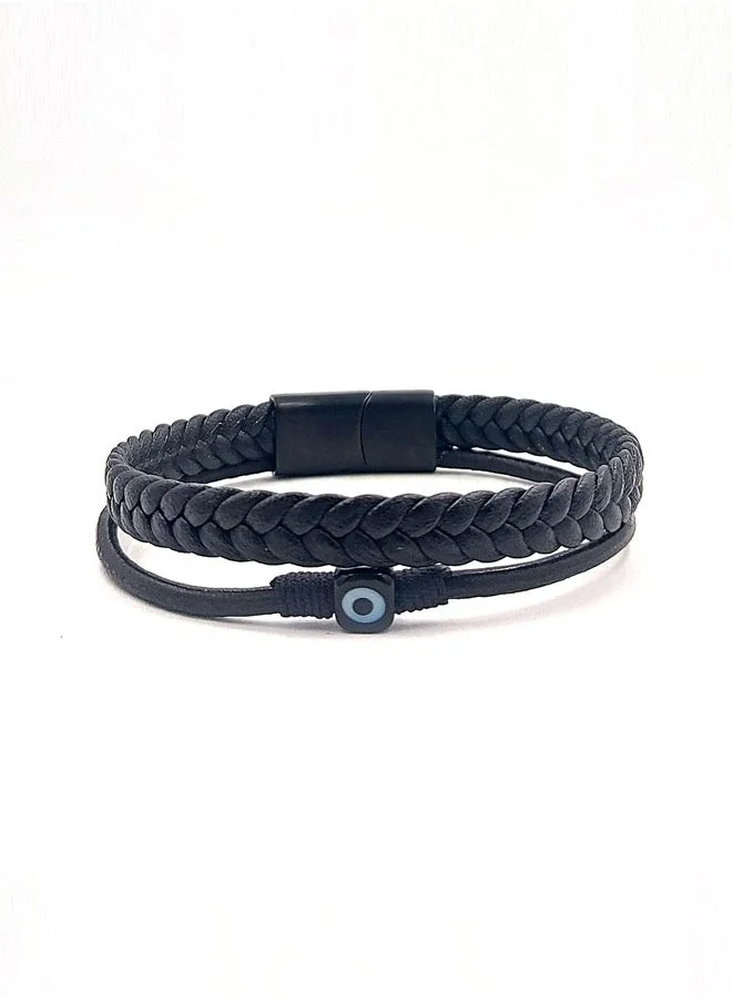CHRYSOSTOMOS Handmade Double Leather Bracelet with Black Leather Braid, Strap and Center Evil Eye