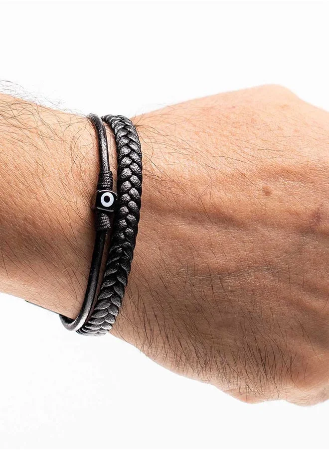 CHRYSOSTOMOS Handmade Double Leather Bracelet with Black Leather Braid, Strap and Center Evil Eye