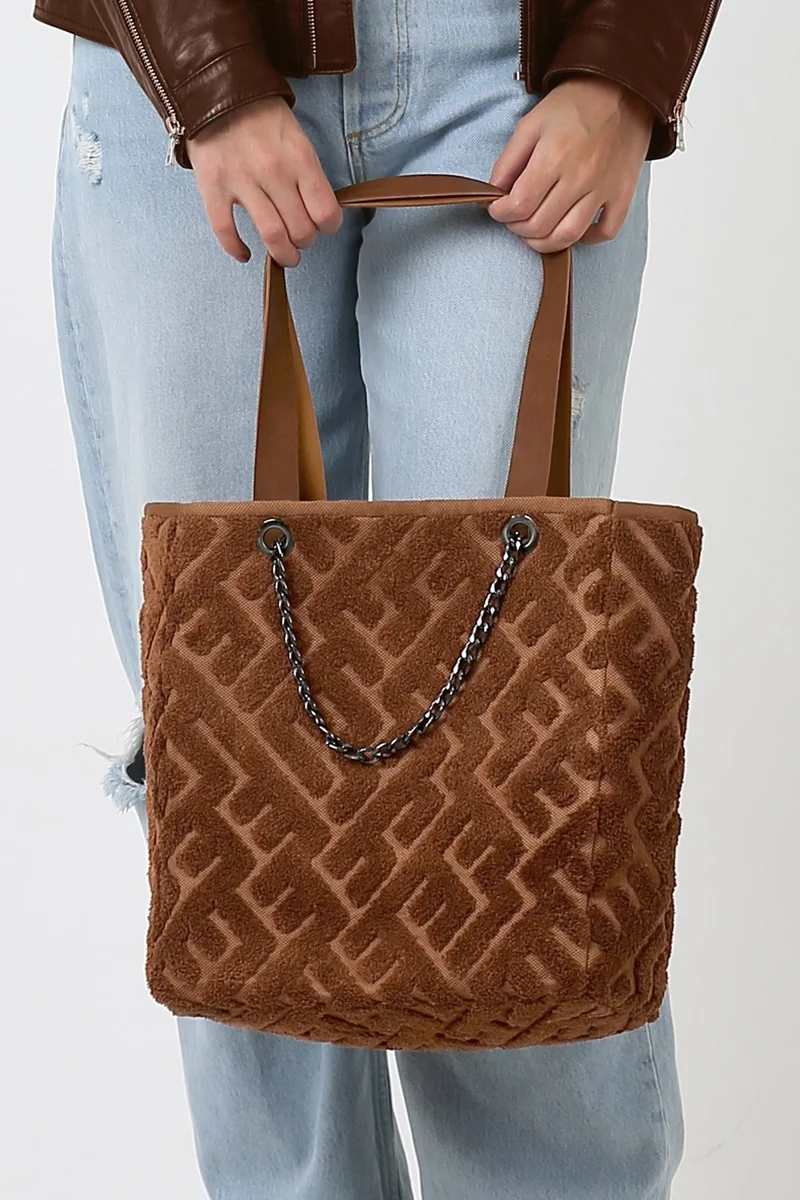 Hamur Dough Women's Fabric Hand and Shoulder Bag Maze Brown Fur Plush Knitted Handbag