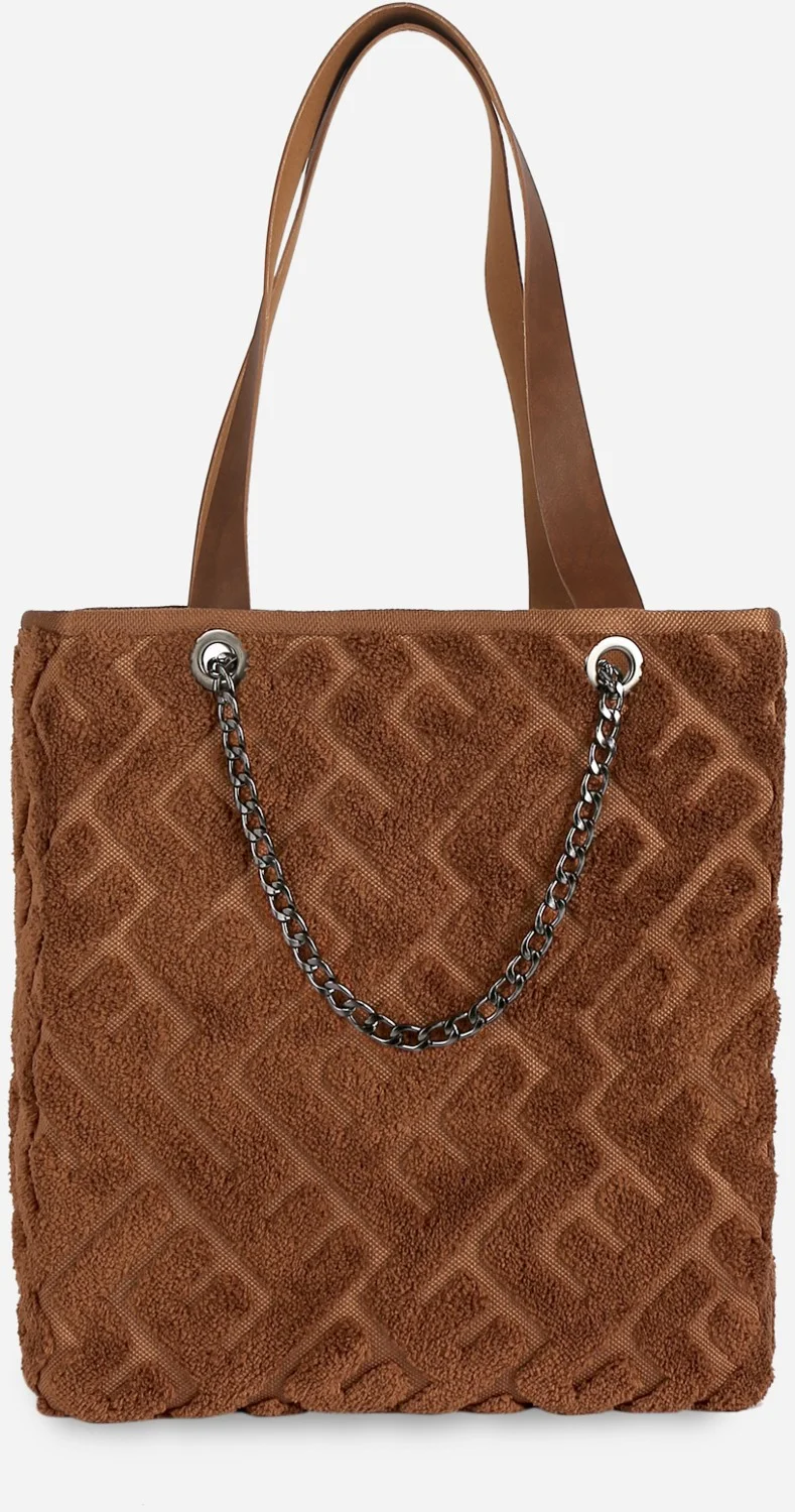 Hamur Dough Women's Fabric Hand and Shoulder Bag Maze Brown Fur Plush Knitted Handbag