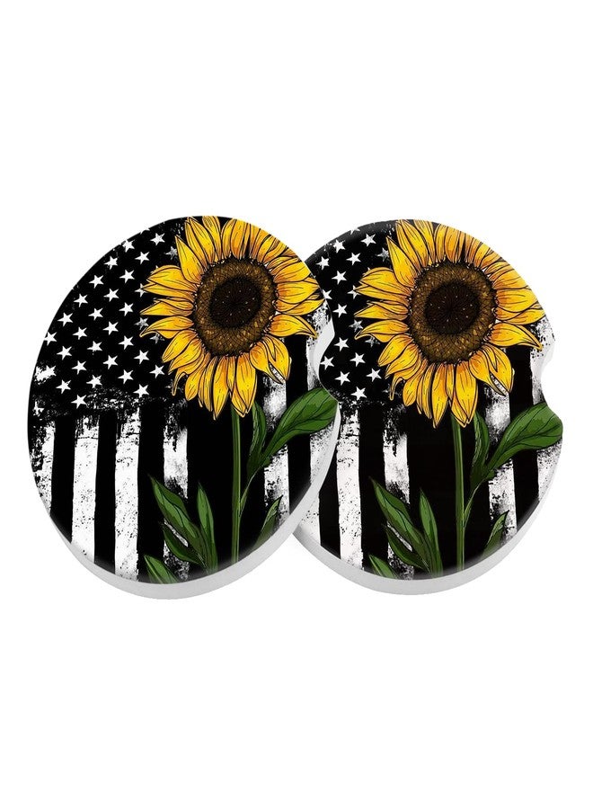 Wonlex Car Coasters 2 Pack, Small 2.56" Stone Car Cupholder Absorbent Coaster Set for Women Men Drink Cup Holder Coasters (Black Sunflower) - Image 1
