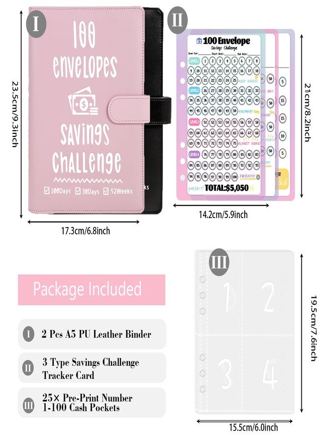 VAZOCA 100 Envelopes Money Saving Challenge, Cash Budget Planner A5 Binder, Savings Challenges Book Organizer Folder, with 3 Tracker to Save $5,050 and $2,600, 300, 100 Pre-numbered Pockets, Pink - Image 2