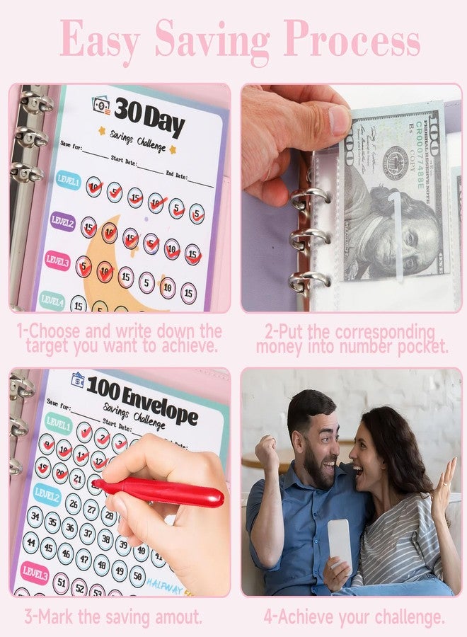 VAZOCA 100 Envelopes Money Saving Challenge, Cash Budget Planner A5 Binder, Savings Challenges Book Organizer Folder, with 3 Tracker to Save $5,050 and $2,600, 300, 100 Pre-numbered Pockets, Pink - Image 4