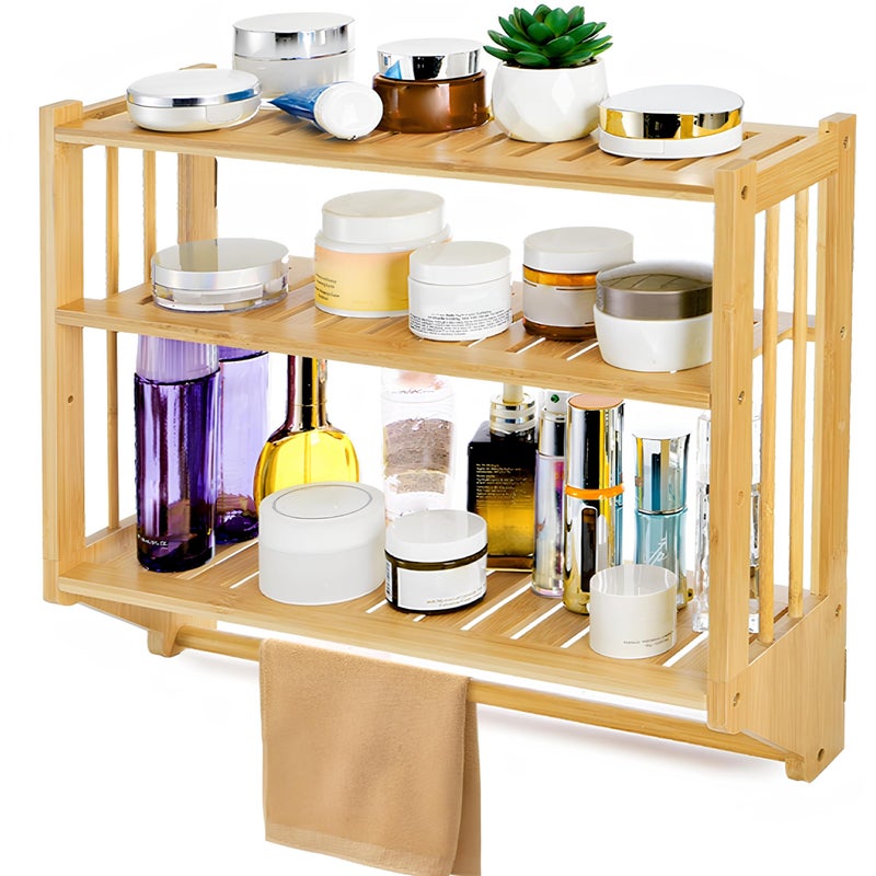 Goaste Bamboo Bathroom Storage Shelf 3 Tier Wall Mounted Shelf Organizer Floating Over The Toilet Towel Rack with Hanging Rod Free Standing Shower Shelf with Adjustable Layer for Home Kitchen