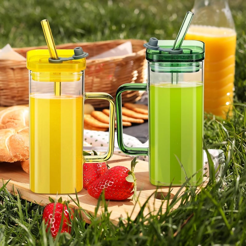 KELVEE Drinking Glasses Tumbler with Lids and Straws Set of 1, 400ml Square Glass Mug with Colored Handle Iced Coffee Cups, Wide Mouth Sipper for Home Travel (Square) - Image 5