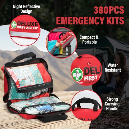 SuccorWare 380 Pieces Deluxe First Aid Kit Compact Trauma Medical Kits with Assorted Bandages, Instant Cold Pack, Emergency Blanket for Home, Travel, Camping, Vehicle, Emergency Kits(Red) - Image 3