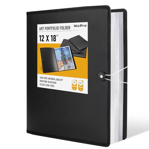 Nicpro 12x18 Art Portfolio Folder 30 Pockets Display 60 Pages Art Painting Portfolio Binder with Clear Plastic Sleeves Presentation Storage Book for Artists Artwork Drawing Black - Image 1